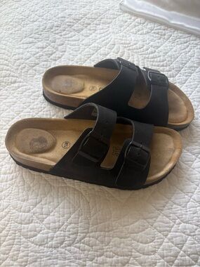 Women’s Black Double-Strap Buckle Slide Sandals